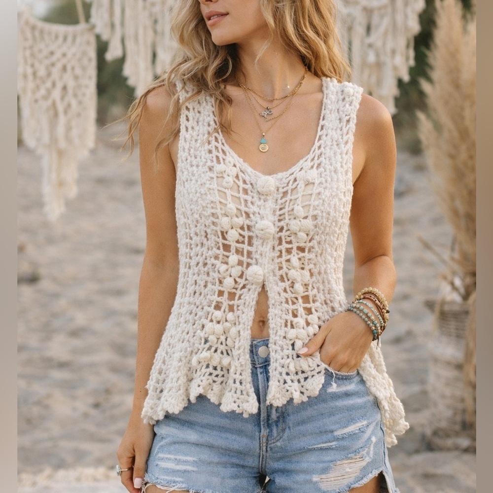 Boho Crochet Vest With Fur And Pom Pom Details And Knob Buttons Cream